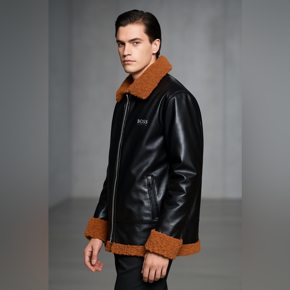 Faux Leather Shearling Jacket XL Black & Rust Teddy Lined